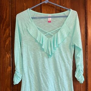 No Boundaries Green Ruffled 3/4 Sleeve Blouse